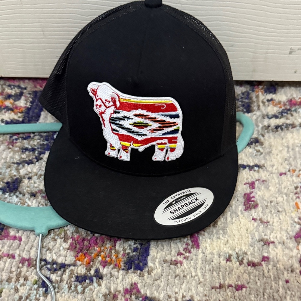 Black Snapback Hat with Colorful Cow Design